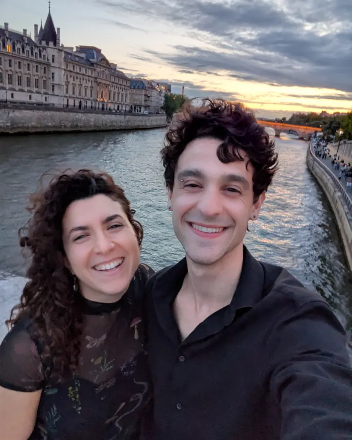 On a bridge over the Seine at sunset
